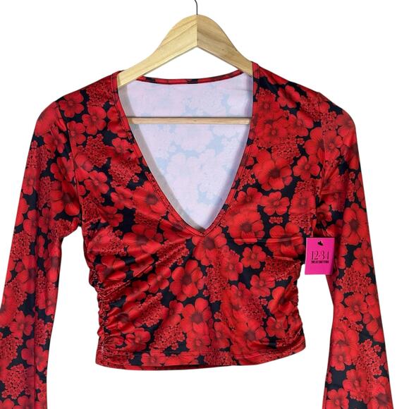 NWT Crop Top Maxi Skirt Matching Set Womens M Red Black Floral Bell Sleeve Indie - Picture 8 of 8